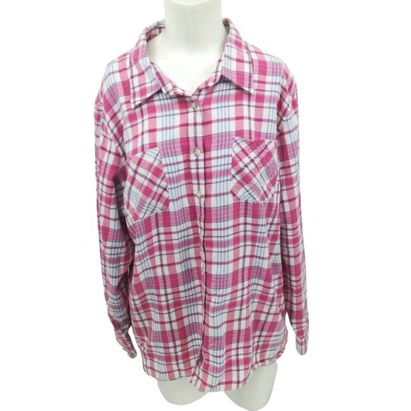 LL Bean Pink Plaid Flannel Long Sleeve Button Up Shirt Size XL Petite Purple - Picture 1 of 12